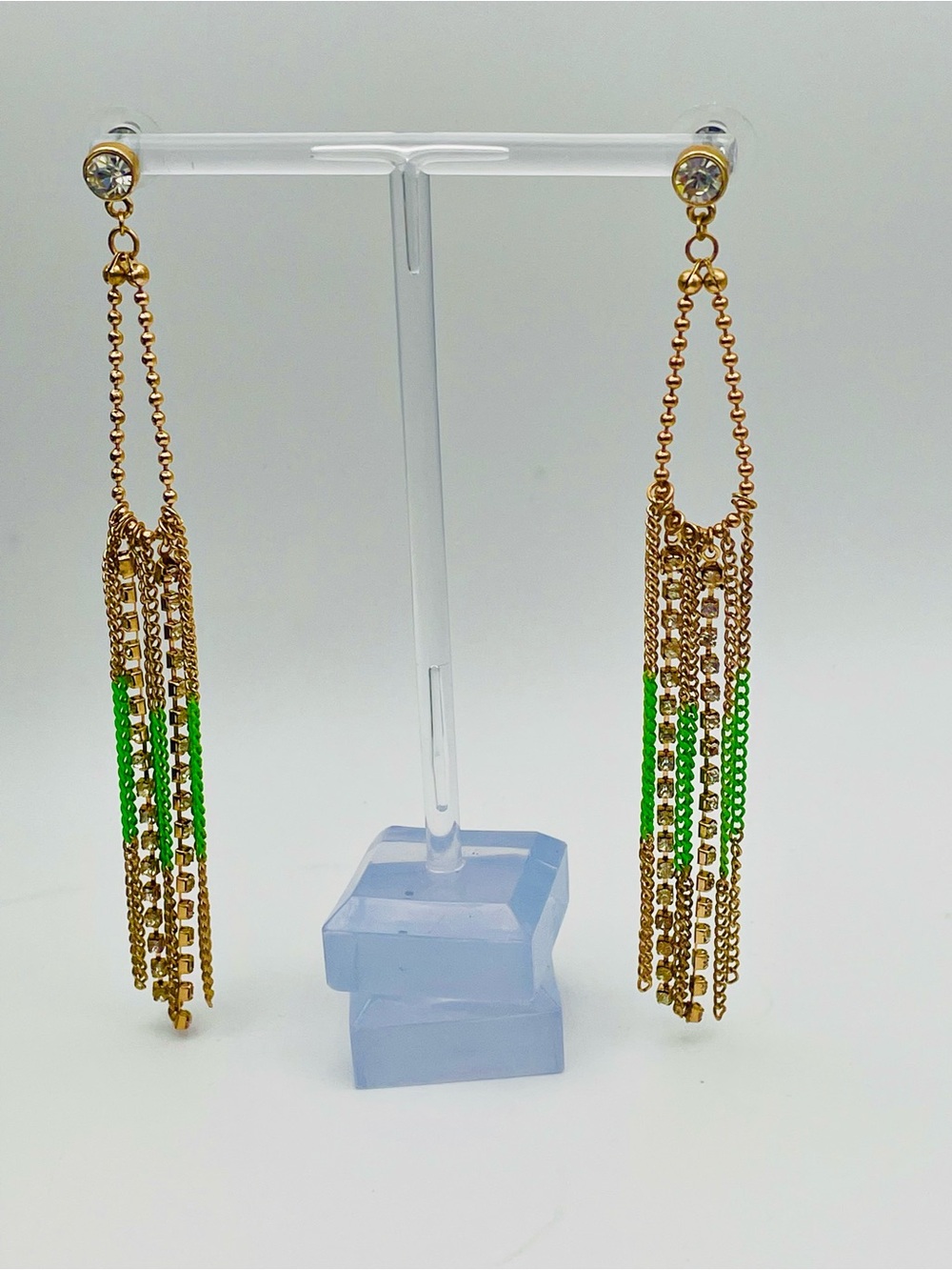 Gold Tone Long Fringe Green Tassel Dangle Drop Earrings w/Rhinestone Strands